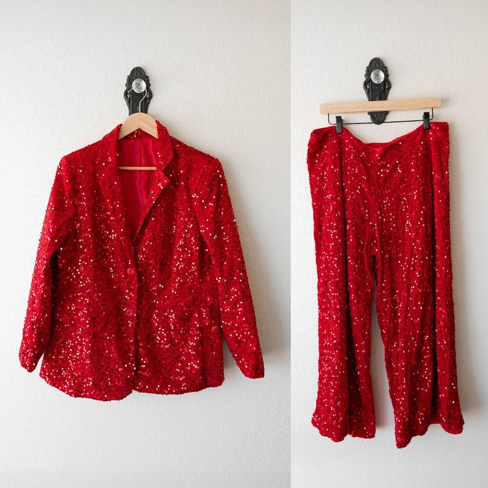 NWT XPlusWear Red Sequin Blazer & Pant Set Plus Size 14/16 | Holiday Party Suit
